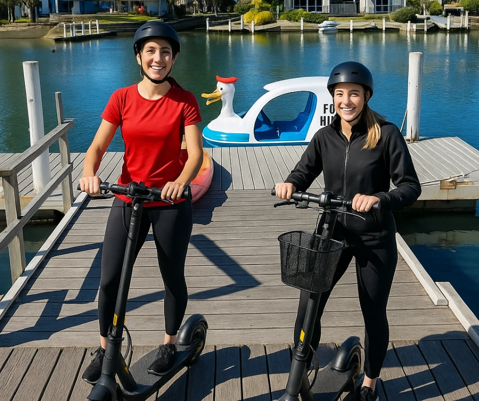 Electric scooters at Captains Cove jetty in Paynesville near Captain’s Edge holiday accommodation