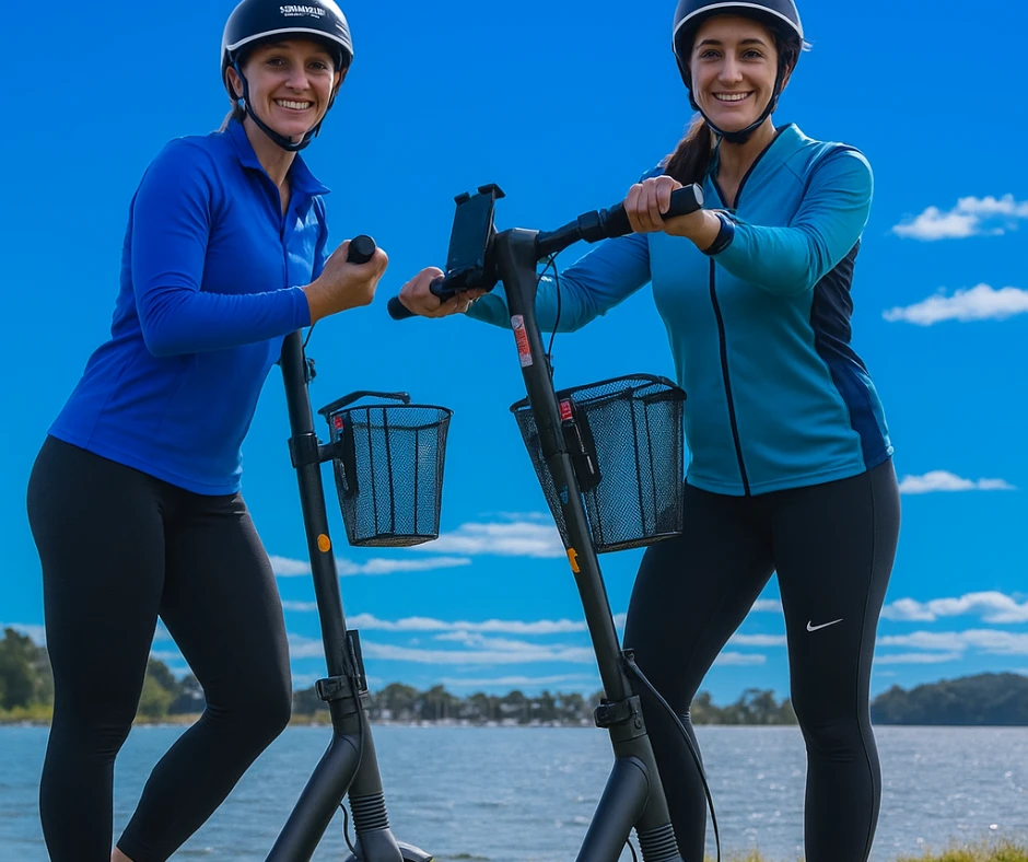Two women riding an electric scooter near Captains Cove in Paynesville
