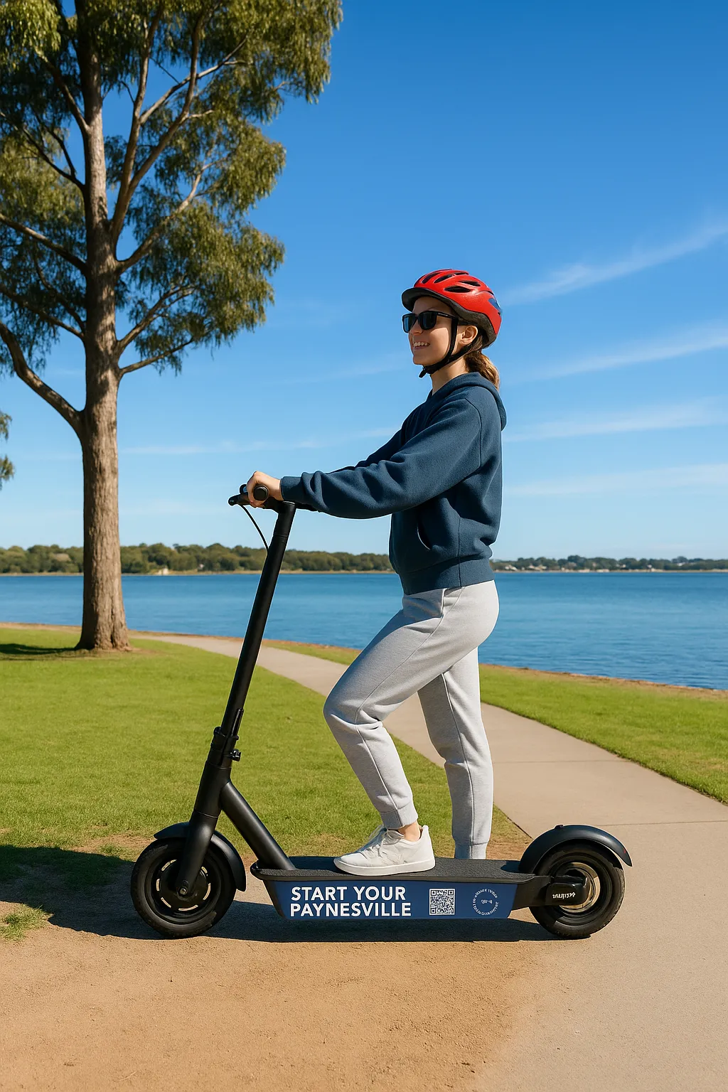 Young woman riding an e-scooter by the Gippsland Lakes in Paynesville on a sunny day with Gippsland Holidays logo on scoote