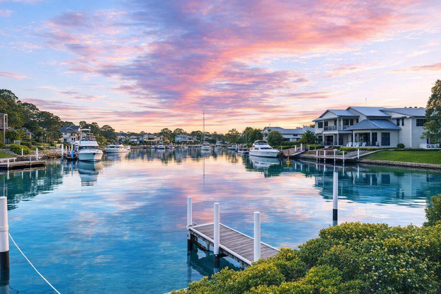 Golden sunset over private jetty at The View waterfront apartment in Paynesville