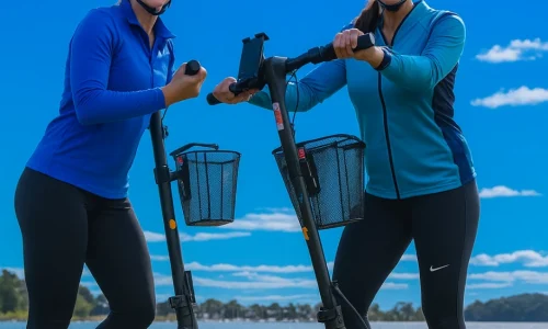 Two women riding an electric scooter near Captains Cove in Paynesville