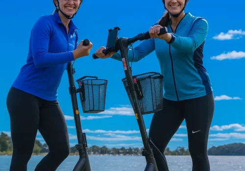 Two women riding an electric scooter near Captains Cove in Paynesville