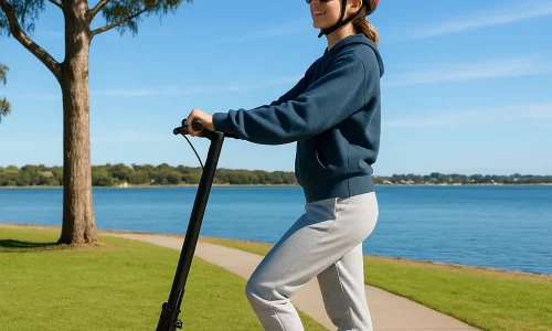Young woman riding an e-scooter by the Gippsland Lakes in Paynesville on a sunny day with Gippsland Holidays logo on scoote