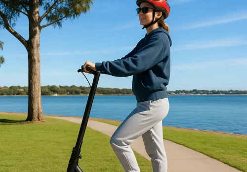 Young woman riding an e-scooter by the Gippsland Lakes in Paynesville on a sunny day with Gippsland Holidays logo on scoote