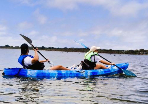 Adult couple kayaking on Gippsland Lakes in a double kayak available for hire